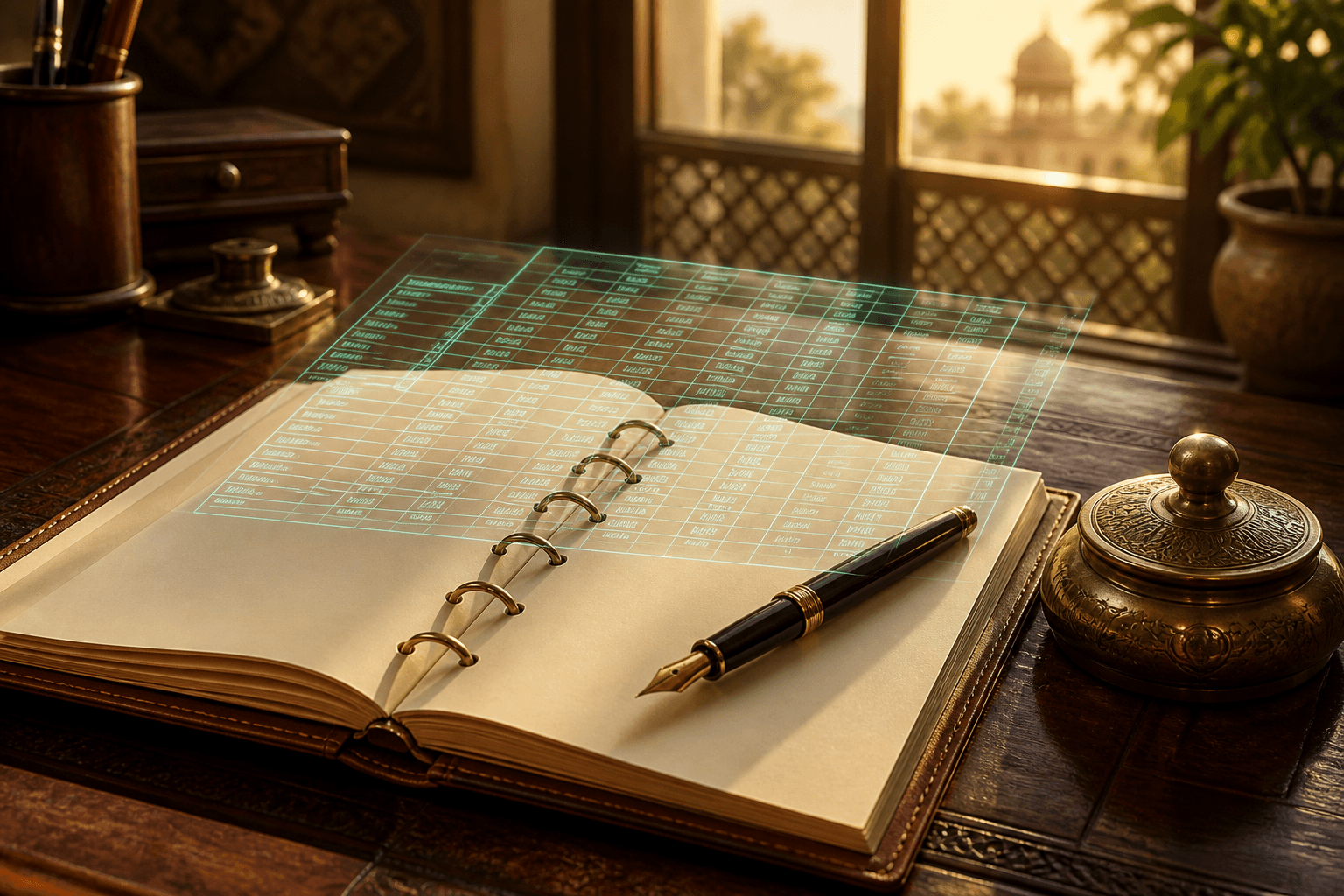 A ledger with a glowing sheet of light