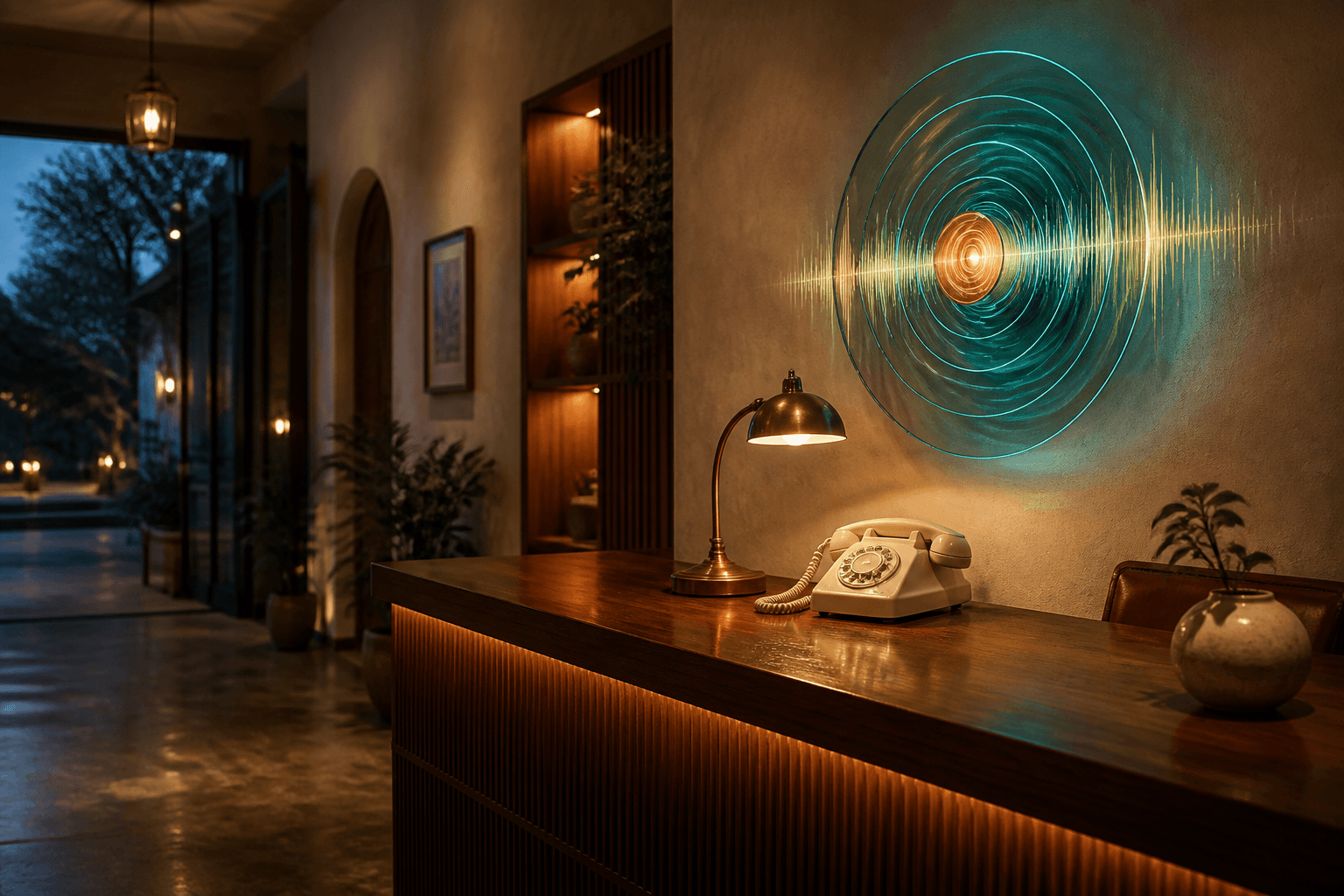 A reception desk with a glowing sound sphere above the telephone