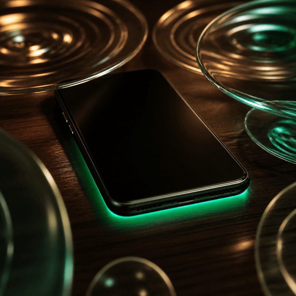 A phone with a green halo on walnut